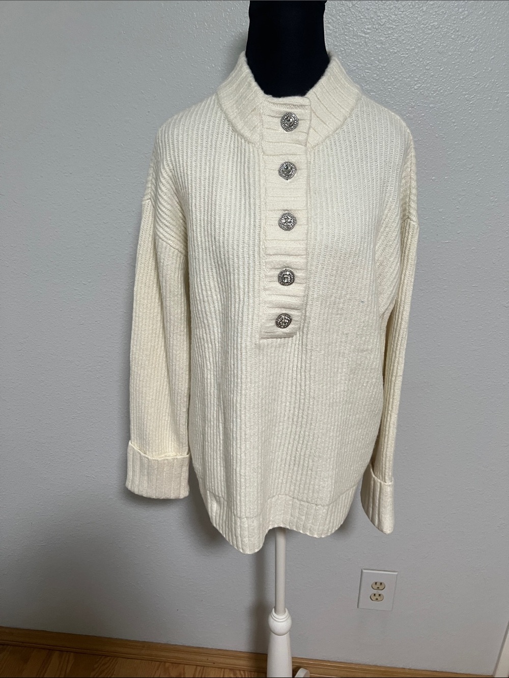 Cream Ribbed Henley Sweater with Button Placket - Men